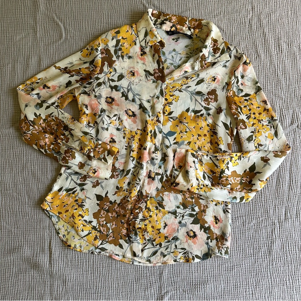 Zara Basics Collection Floral Button-Up Blouse